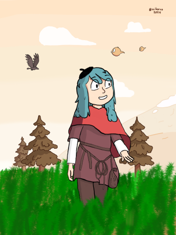 Hilda läuft in der Kleidung von Ronja Räubertochter über eine Wiese.